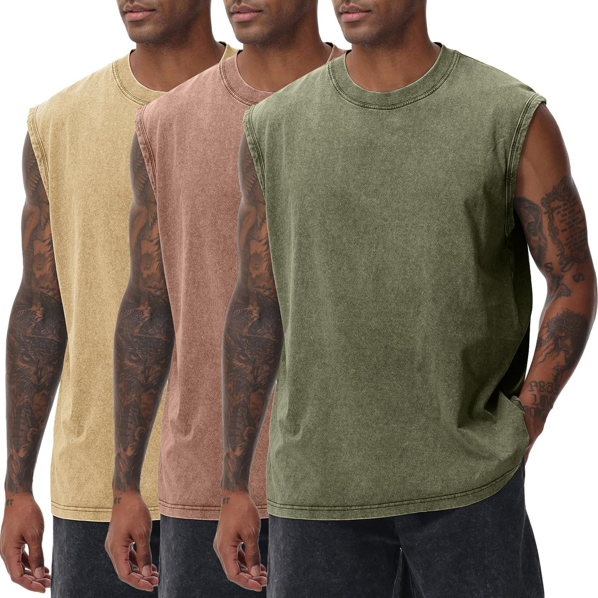 SnowElve Mens Workout Tank Tops Sleeveless Tee Shirts Men Muscle Shirt Gym Acid Wash T Shirts Running Beach Loose Fit Tee