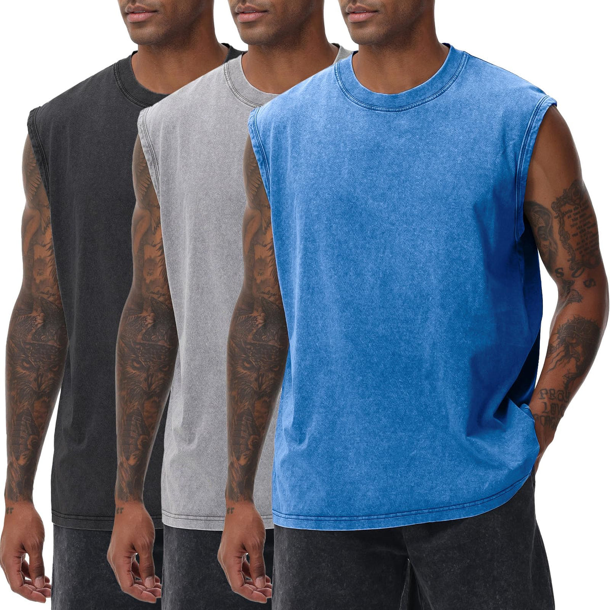 SnowElve Mens Workout Tank Tops Sleeveless Tee Shirts Men Muscle Shirt Gym Acid Wash T Shirts Running Beach Loose Fit Tee