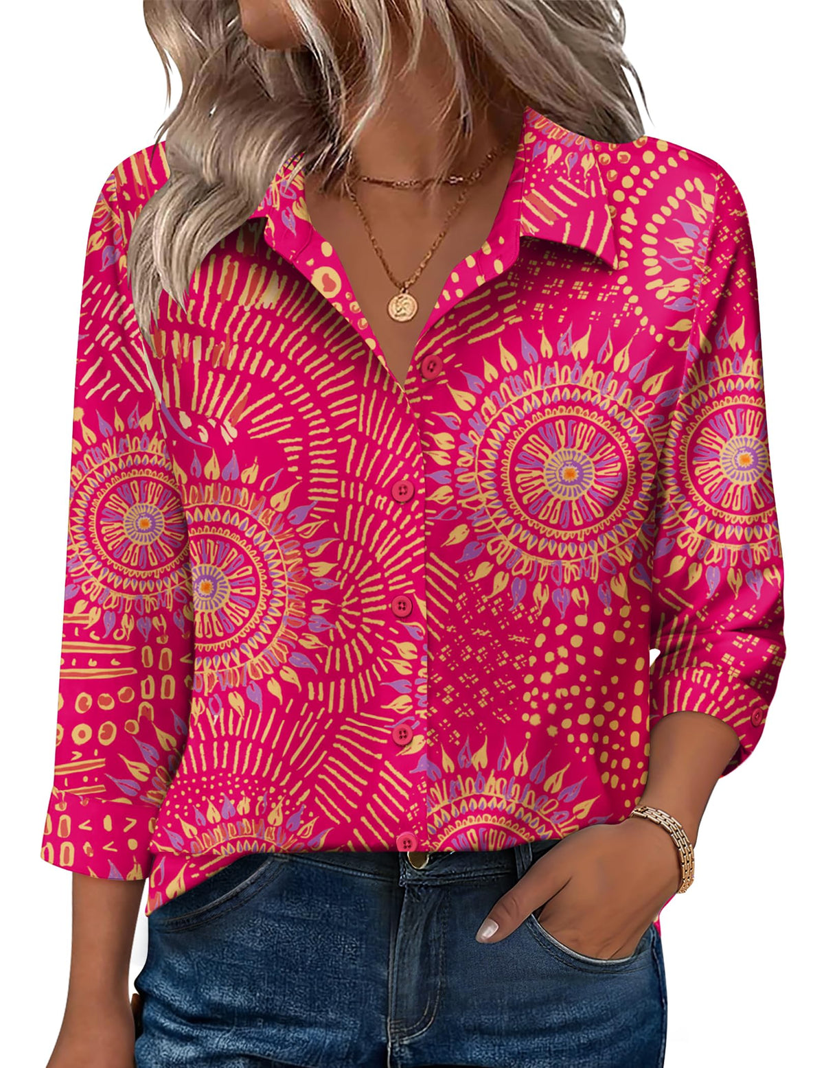 Zeagoo Women's V-Neck 3/4 Sleeve Button-Down Blouse