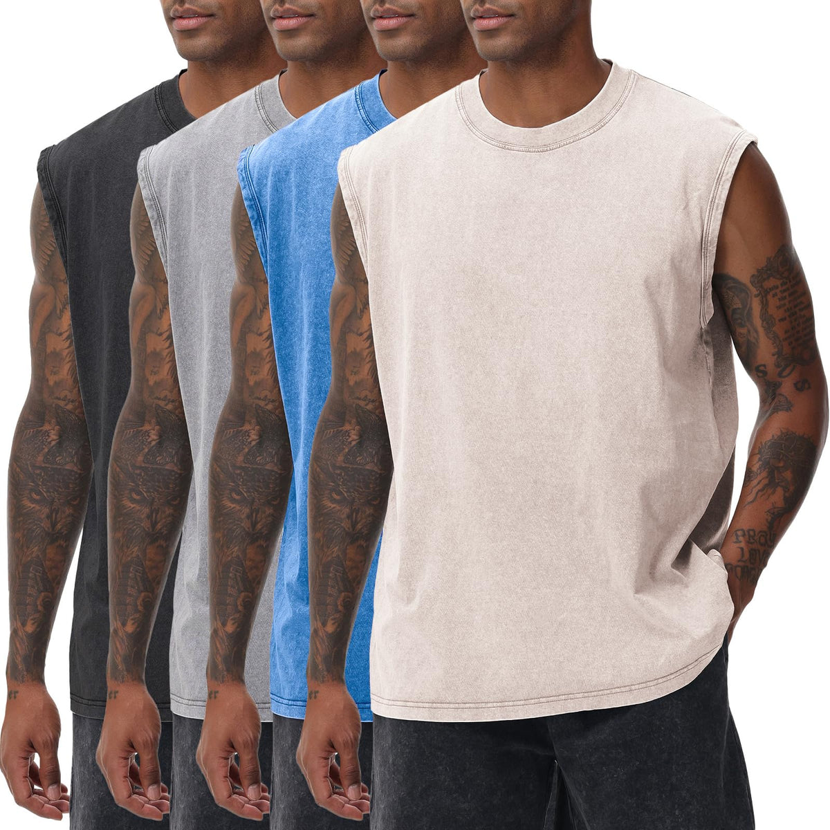 SnowElve Mens Workout Tank Tops Sleeveless Tee Shirts Men Muscle Shirt Gym Acid Wash T Shirts Running Beach Loose Fit Tee