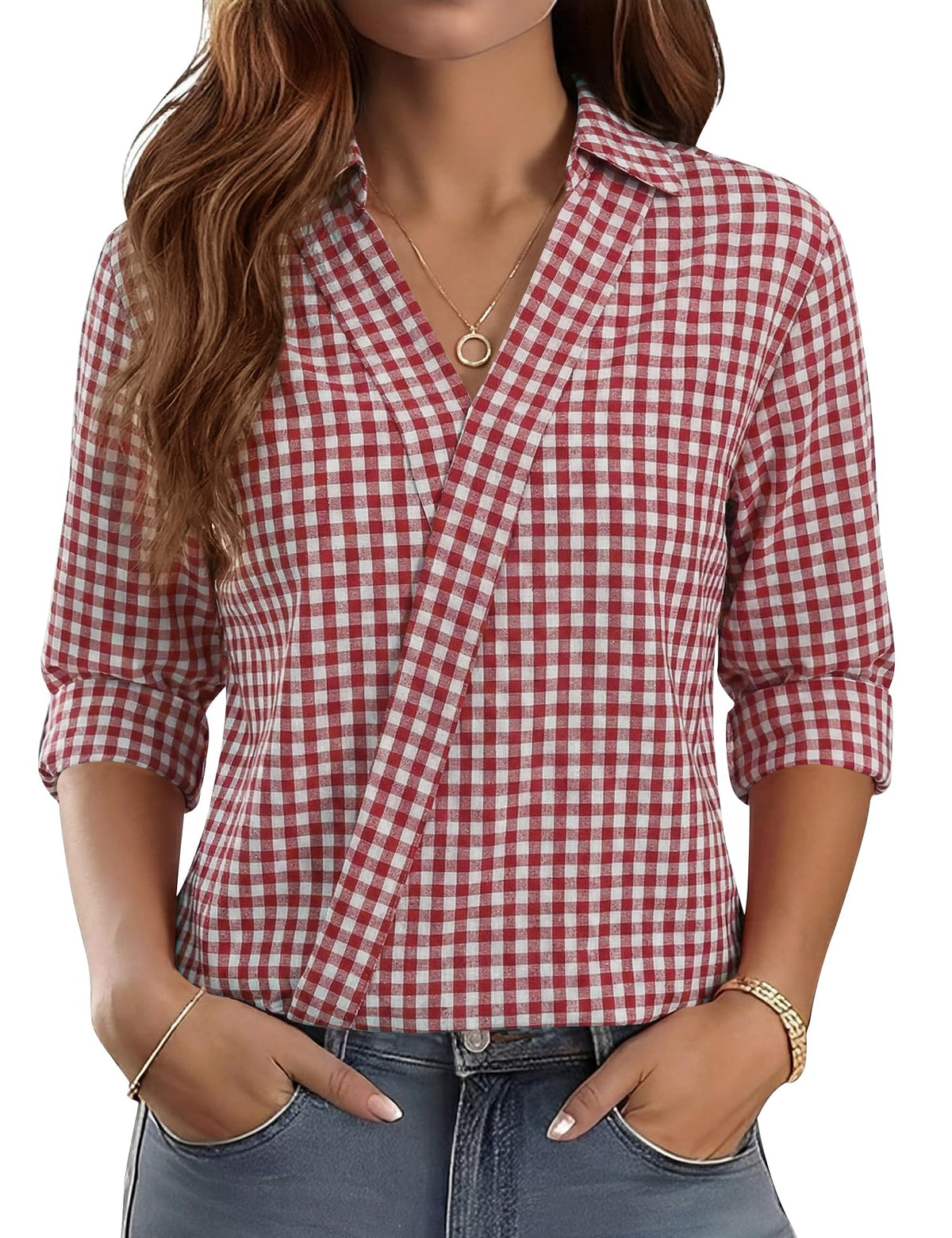 LOMON 3/4 Length Sleeve Womens Tops Dressy V Neck Collared Dress Shirts