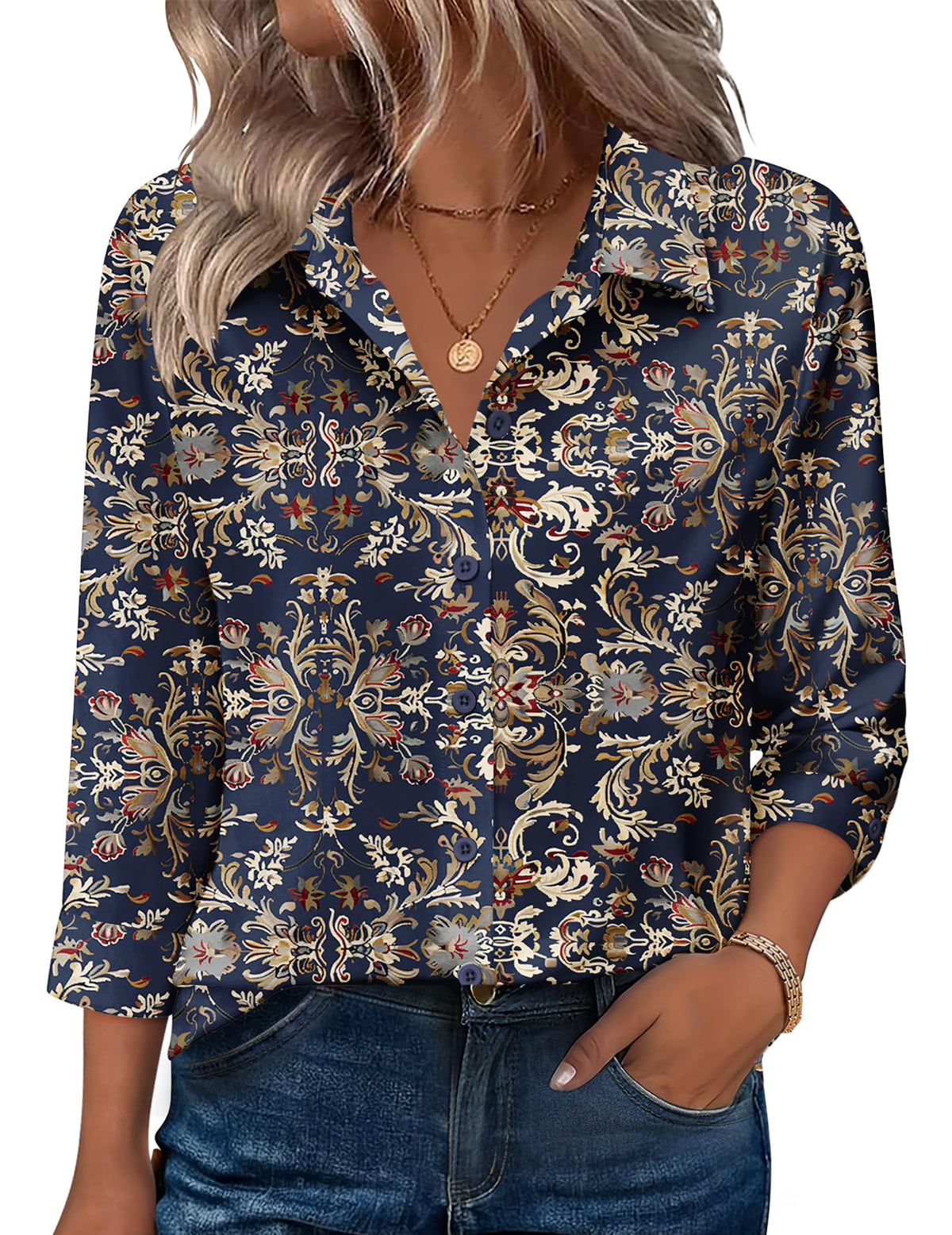 Zeagoo Women's V-Neck 3/4 Sleeve Button-Down Blouse