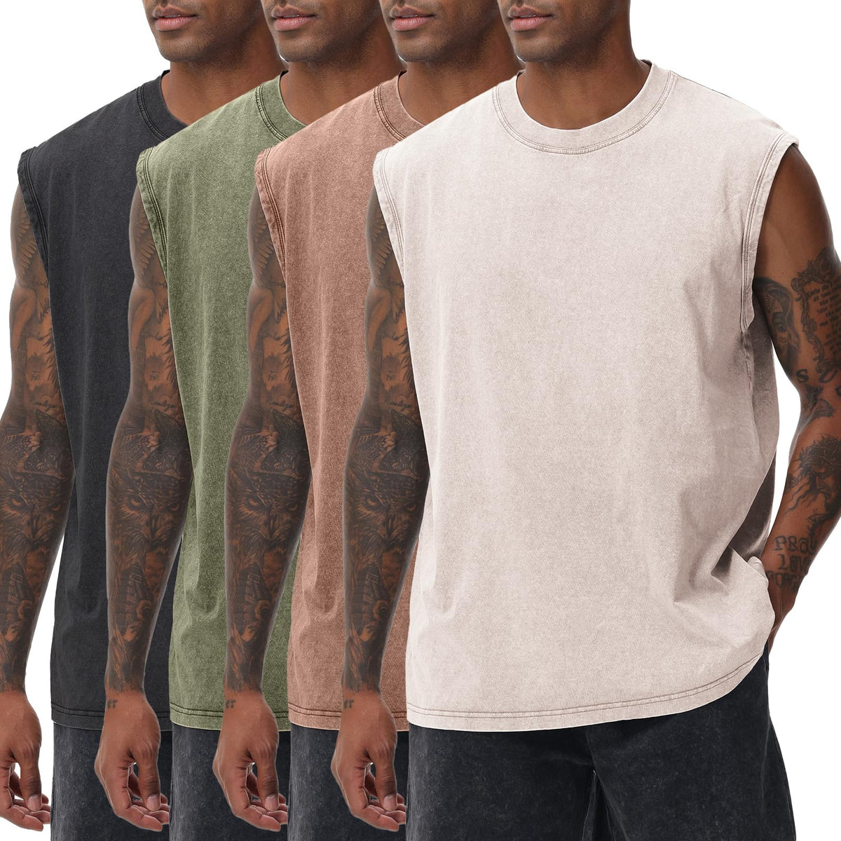 SnowElve Mens Workout Tank Tops Sleeveless Tee Shirts Men Muscle Shirt Gym Acid Wash T Shirts Running Beach Loose Fit Tee