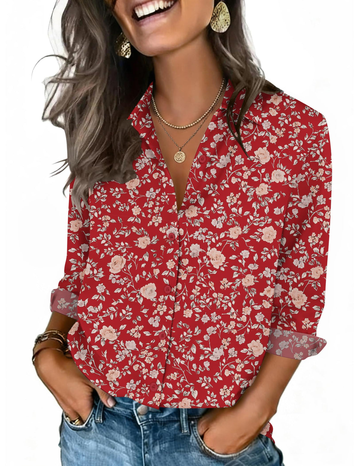 Zeagoo Women's V-Neck 3/4 Sleeve Button-Down Blouse