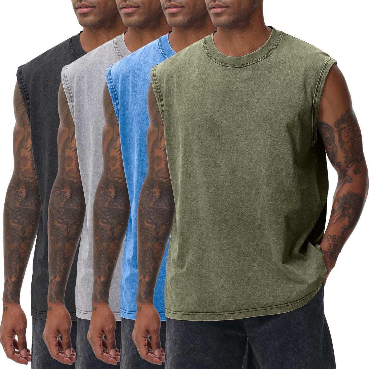 SnowElve Mens Workout Tank Tops Sleeveless Tee Shirts Men Muscle Shirt Gym Acid Wash T Shirts Running Beach Loose Fit Tee