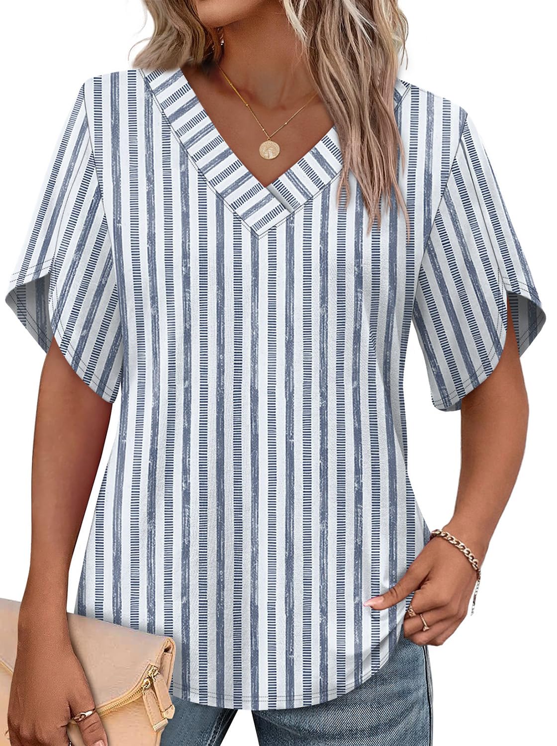WIHOLL Women's V-Neck Petal Sleeve Summer Blouse Top