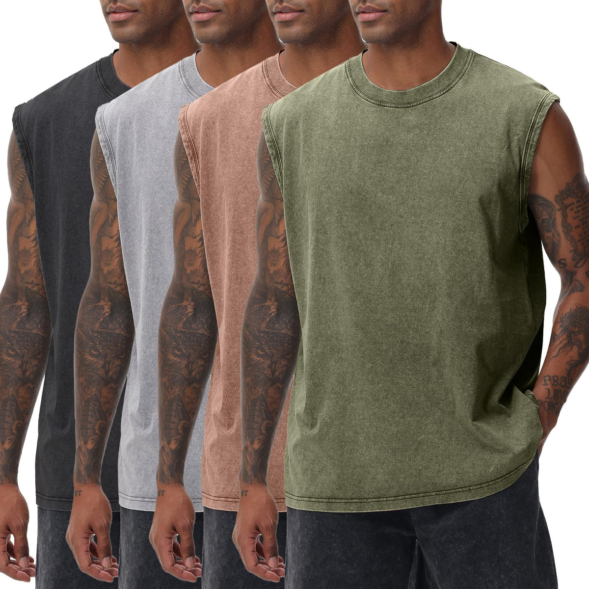 SnowElve Mens Workout Tank Tops Sleeveless Tee Shirts Men Muscle Shirt Gym Acid Wash T Shirts Running Beach Loose Fit Tee