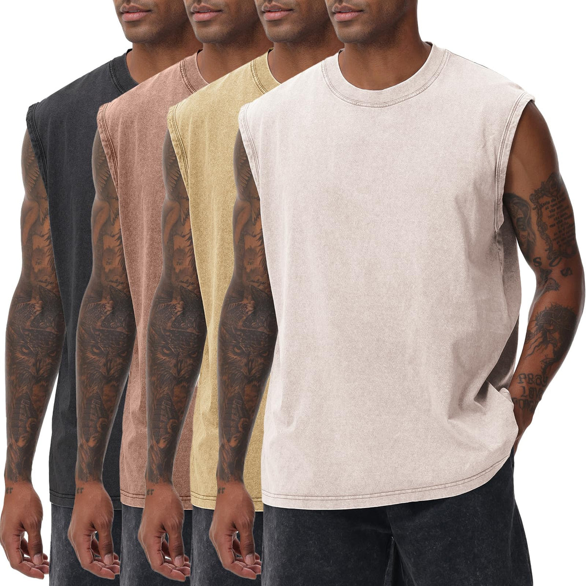 SnowElve Mens Workout Tank Tops Sleeveless Tee Shirts Men Muscle Shirt Gym Acid Wash T Shirts Running Beach Loose Fit Tee