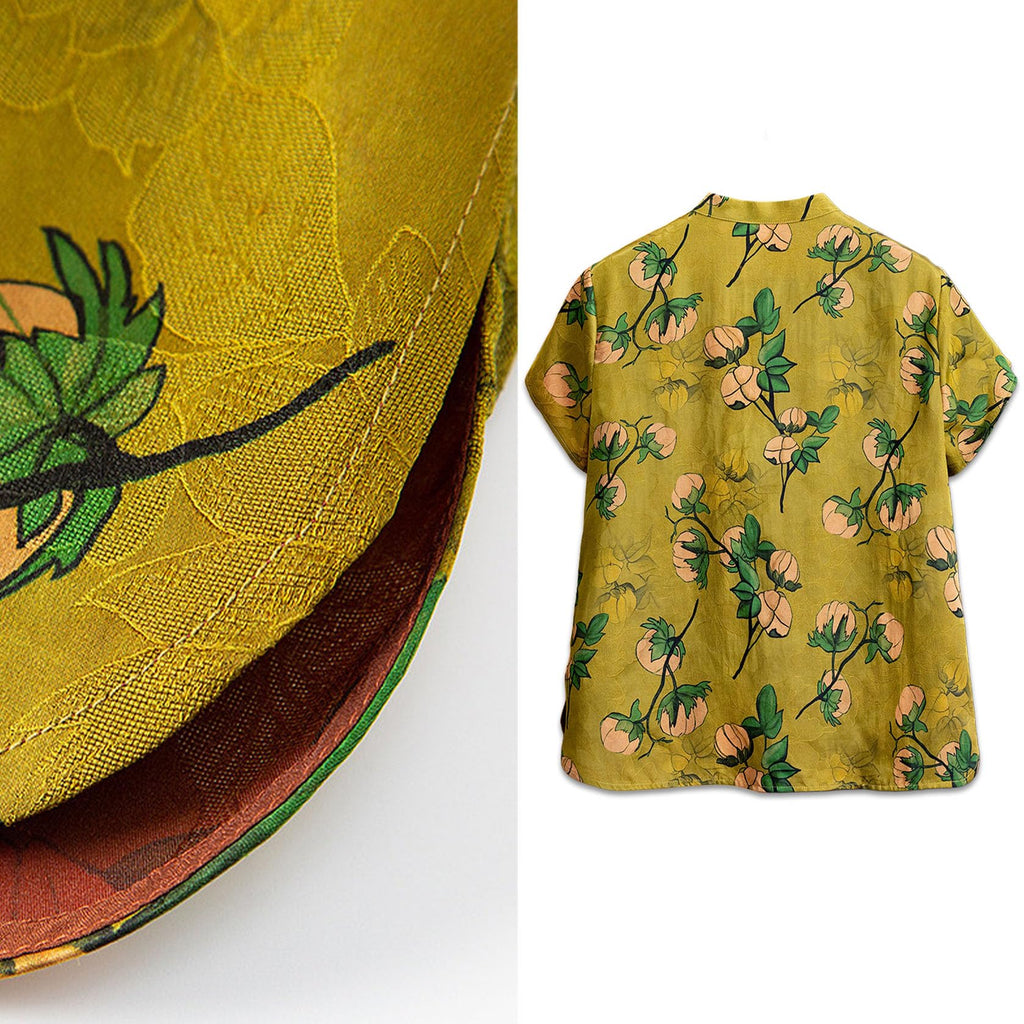HangErFeng Premium Silk Blouse Xiangyunsha Women Short Sleeve Peony Jacquard Floral Bud Print Green 591
