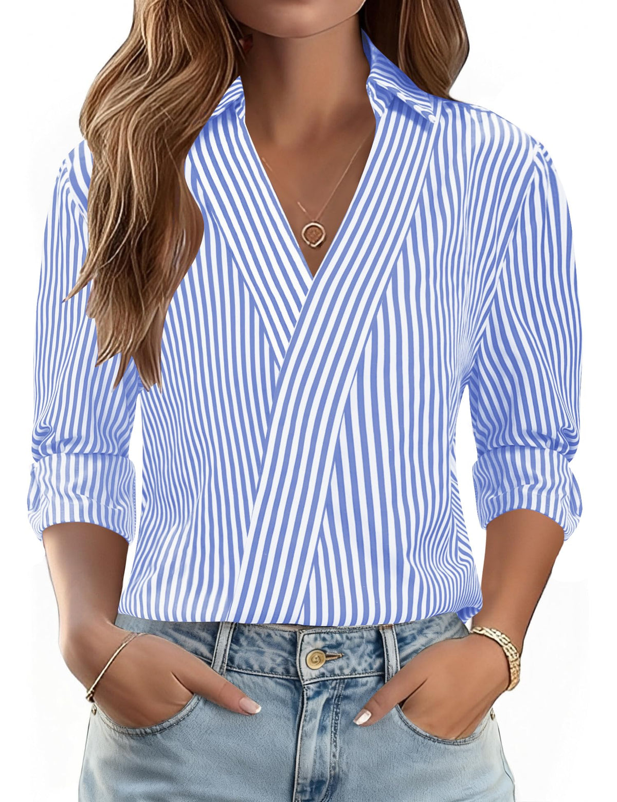 LOMON 3/4 Length Sleeve Womens Tops Dressy V Neck Collared Dress Shirts