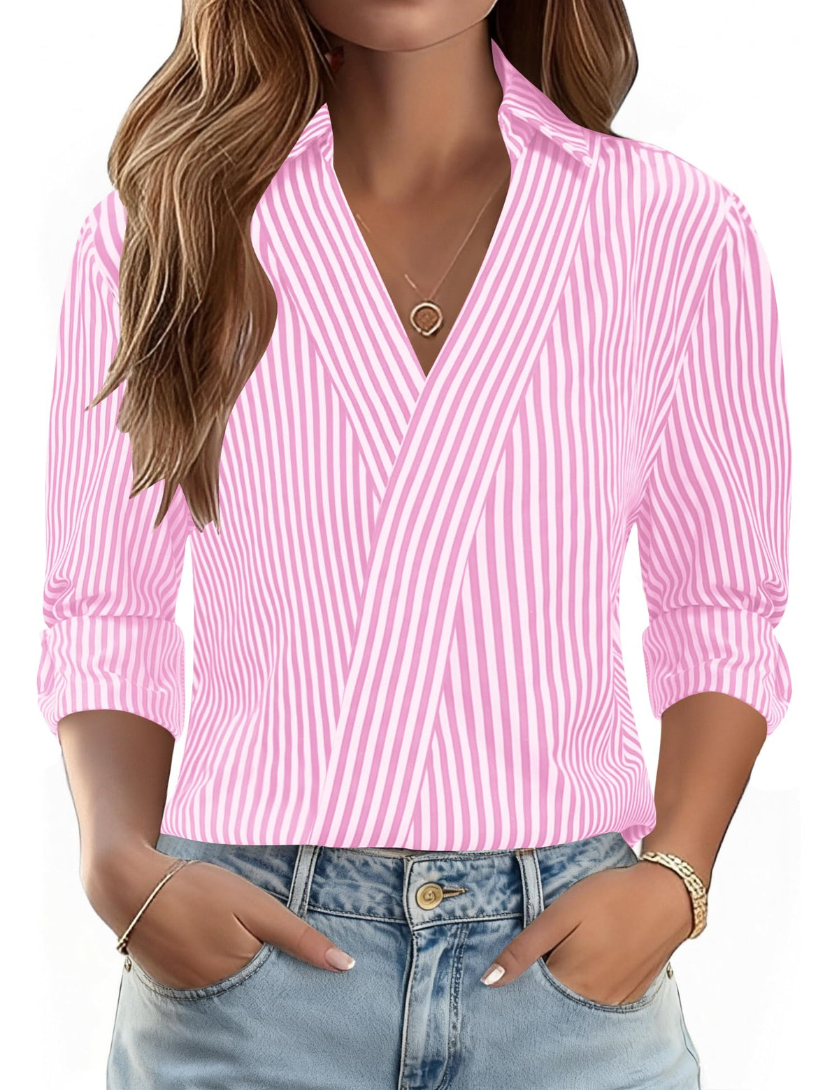 LOMON 3/4 Length Sleeve Womens Tops Dressy V Neck Collared Dress Shirts