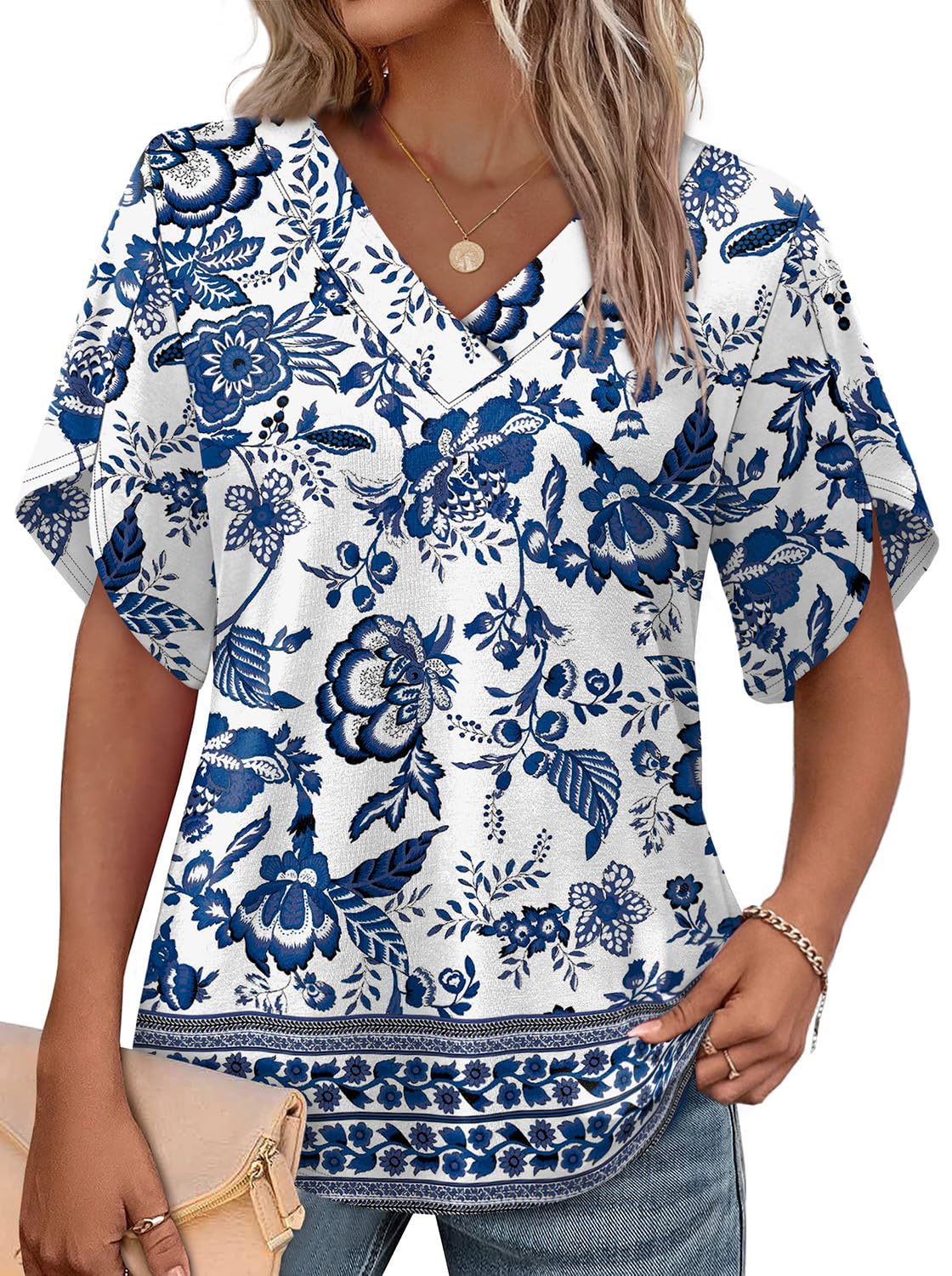 WIHOLL Women's V-Neck Petal Sleeve Summer Blouse Top