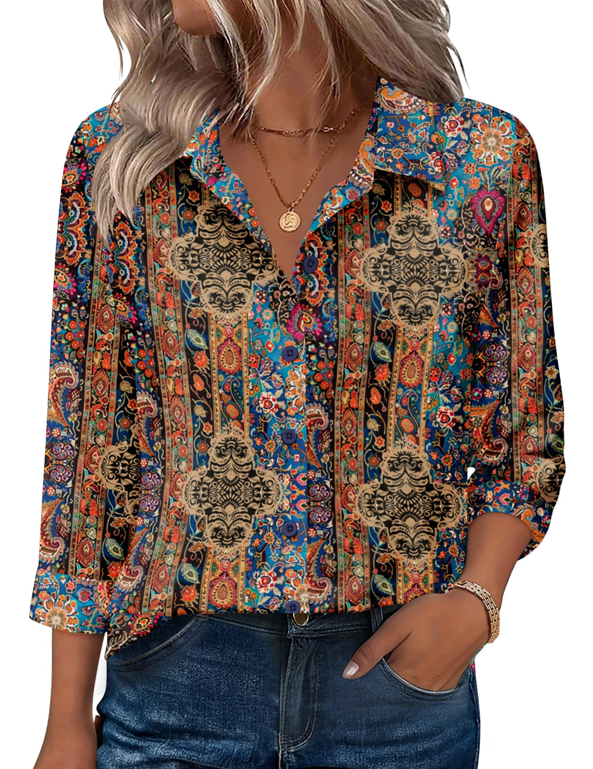 Zeagoo Women's V-Neck 3/4 Sleeve Button-Down Blouse