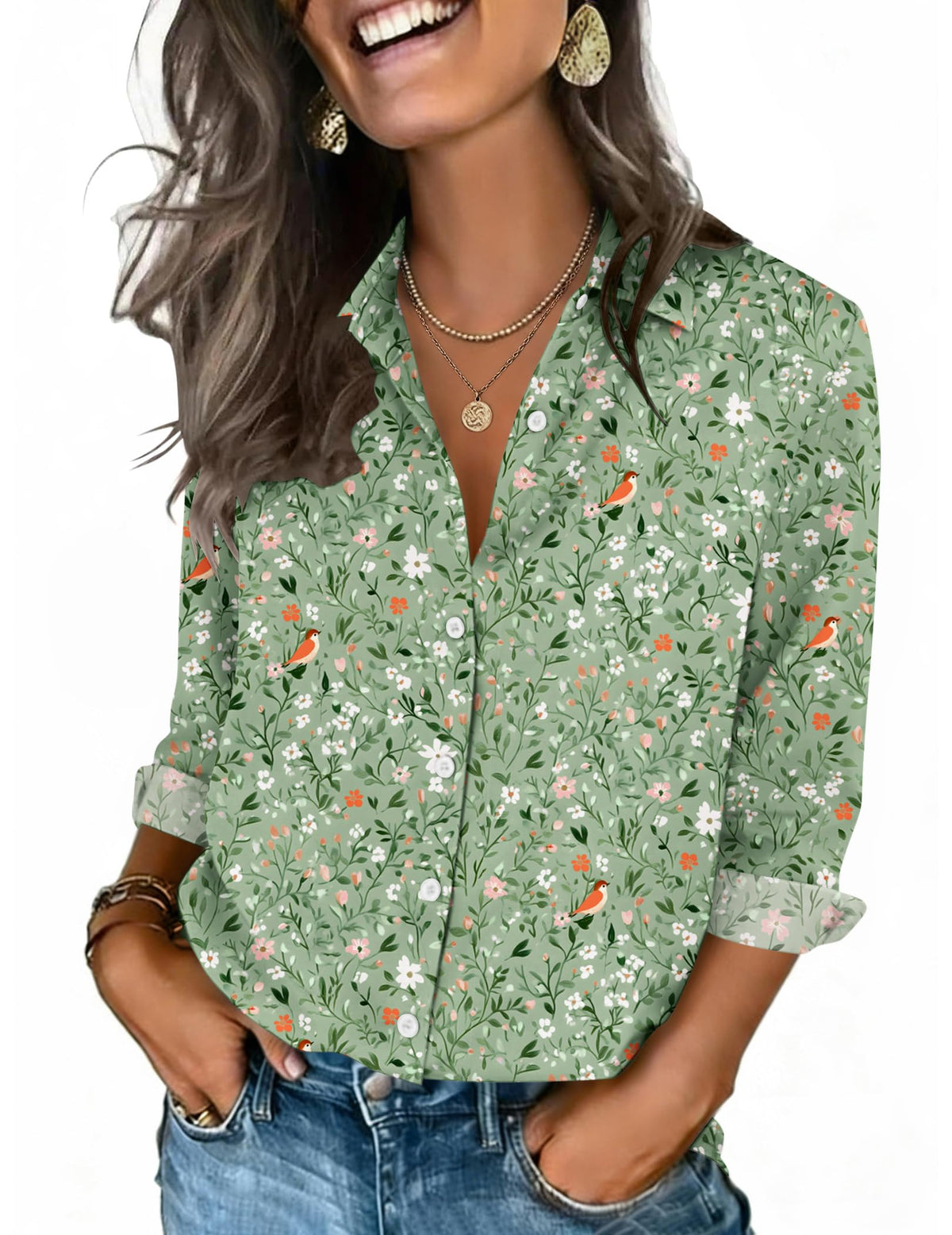 Zeagoo Women's V-Neck 3/4 Sleeve Button-Down Blouse