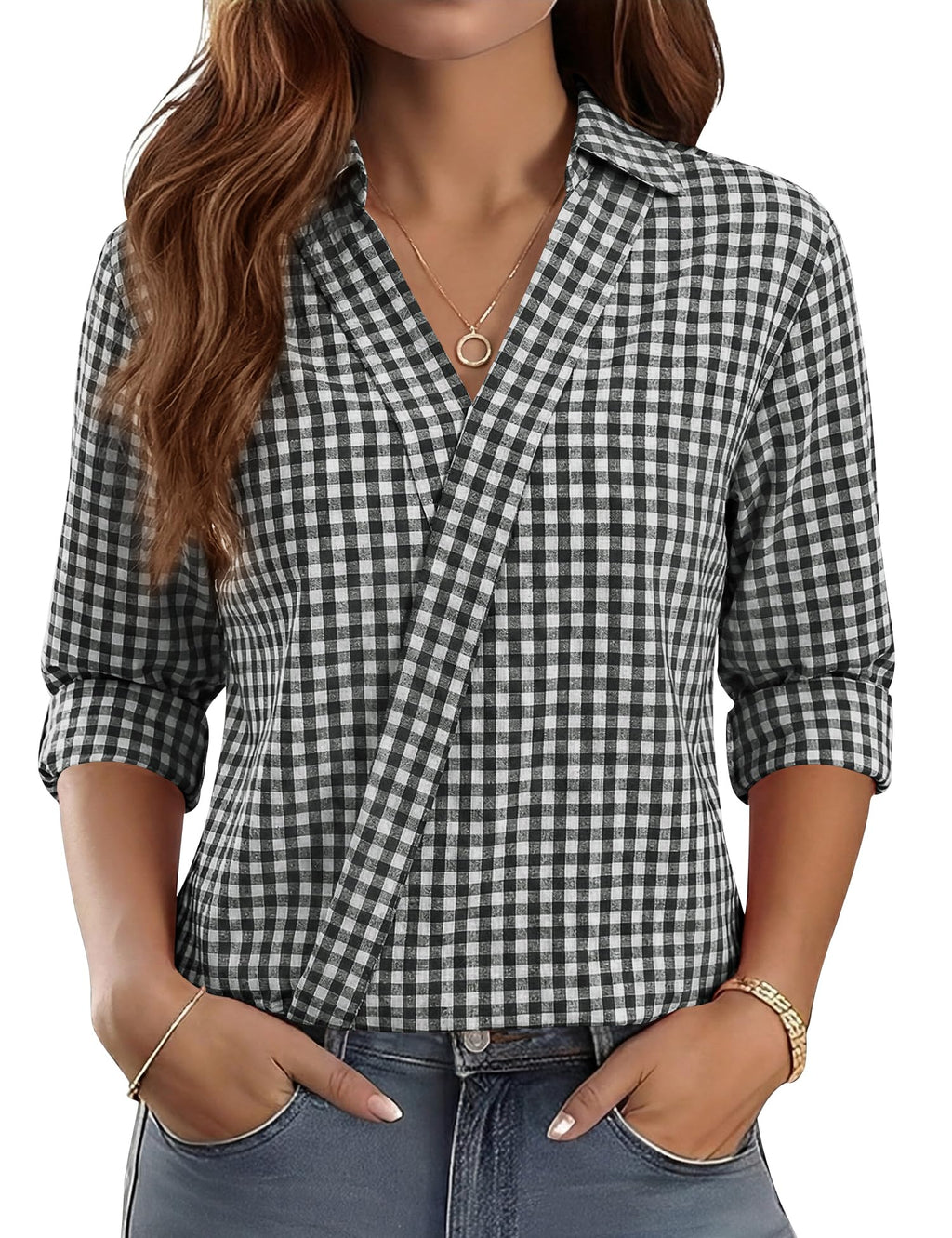 LOMON 3/4 Length Sleeve Womens Tops Dressy V Neck Collared Dress Shirts