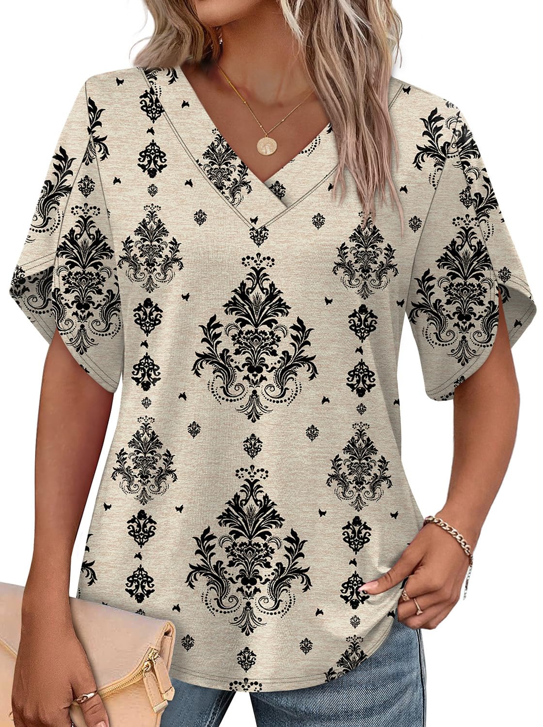 WIHOLL Women's V-Neck Petal Sleeve Summer Blouse Top