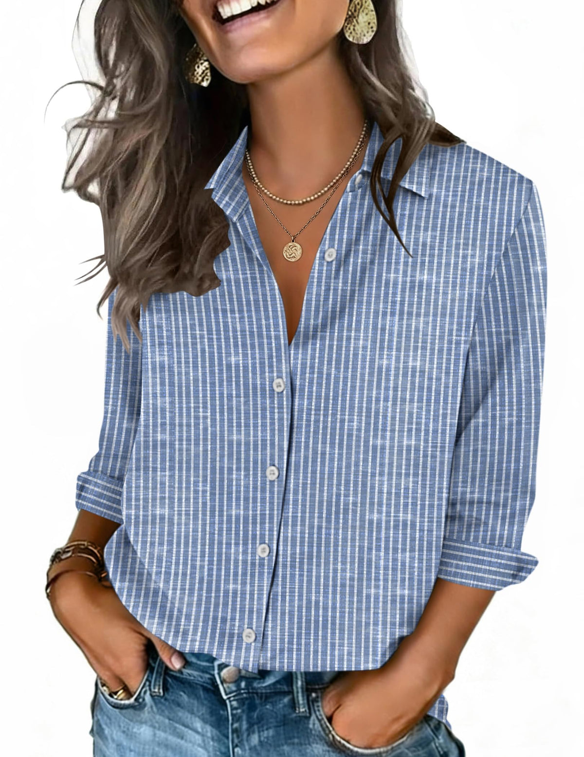 Zeagoo Women's V-Neck 3/4 Sleeve Button-Down Blouse