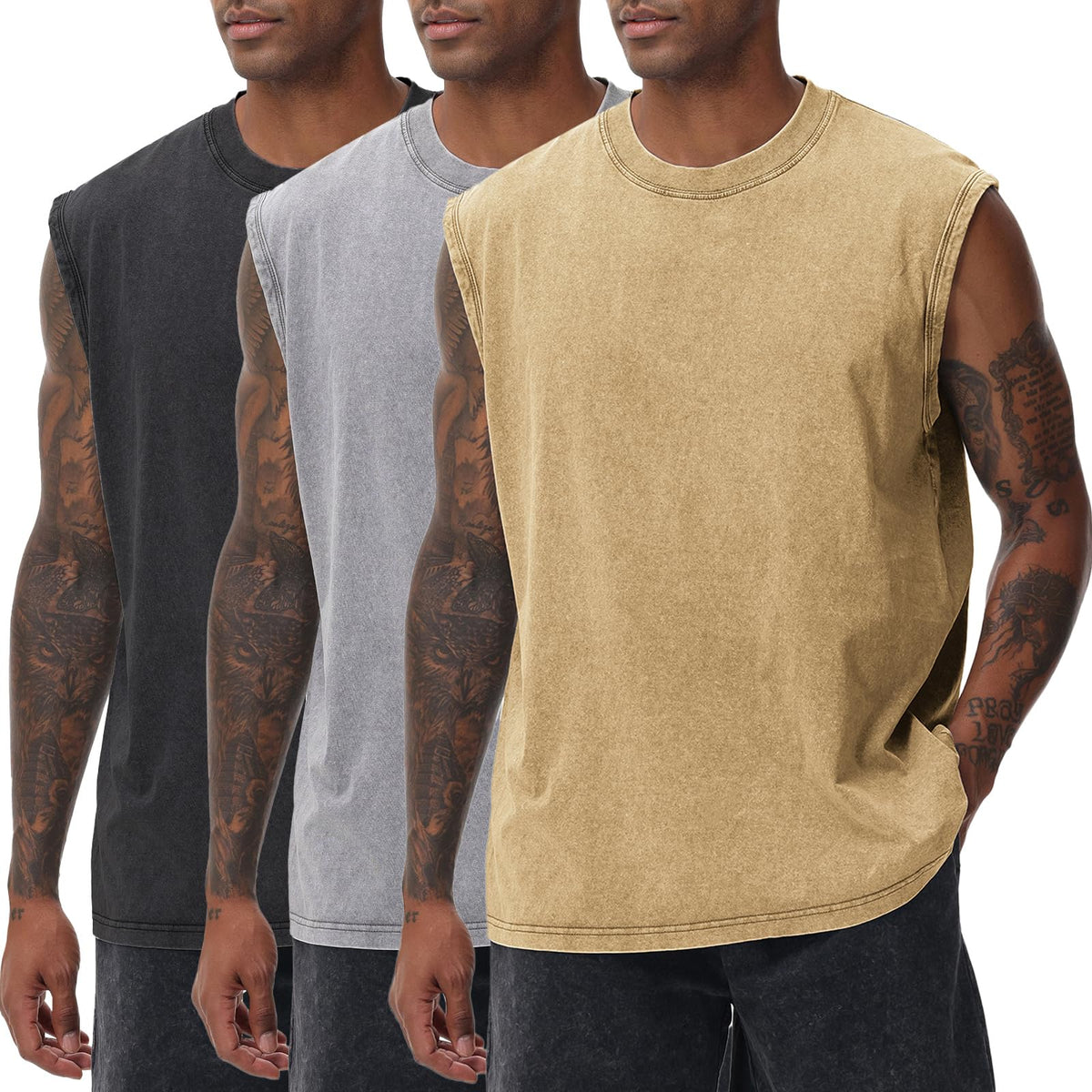 SnowElve Mens Workout Tank Tops Sleeveless Tee Shirts Men Muscle Shirt Gym Acid Wash T Shirts Running Beach Loose Fit Tee