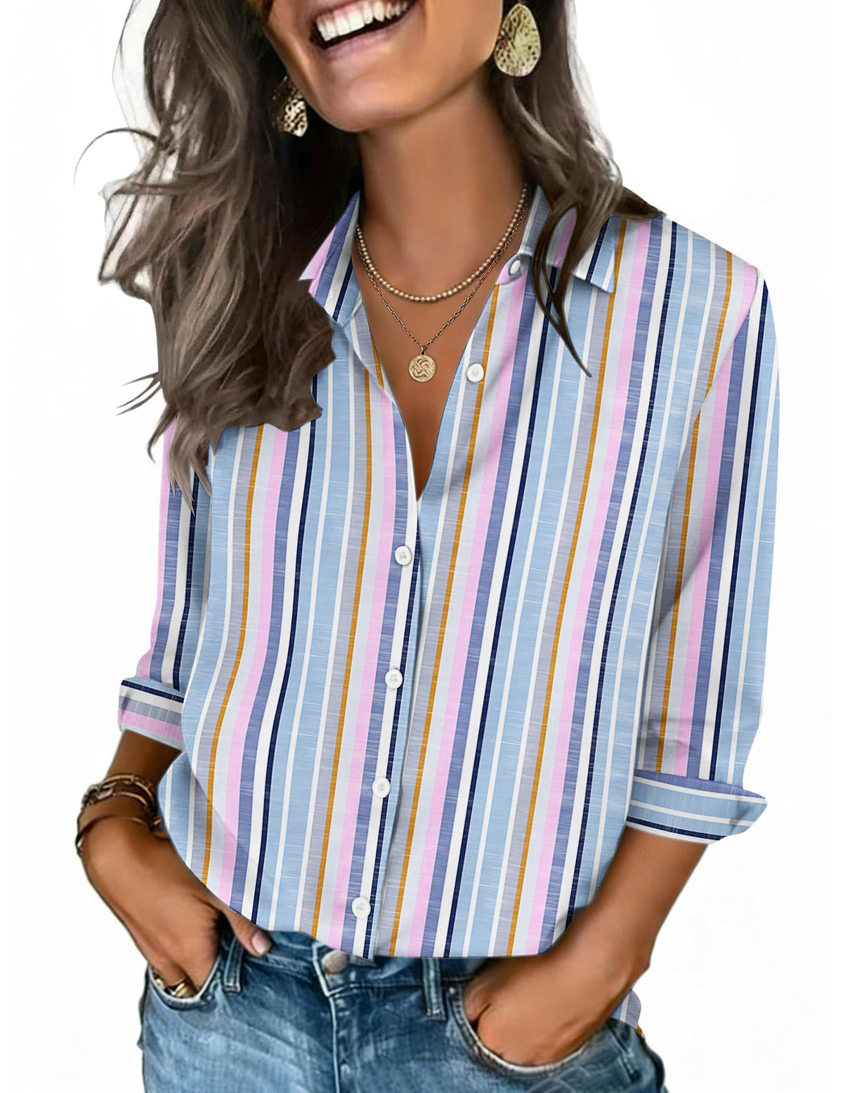 Zeagoo Women's V-Neck 3/4 Sleeve Button-Down Blouse