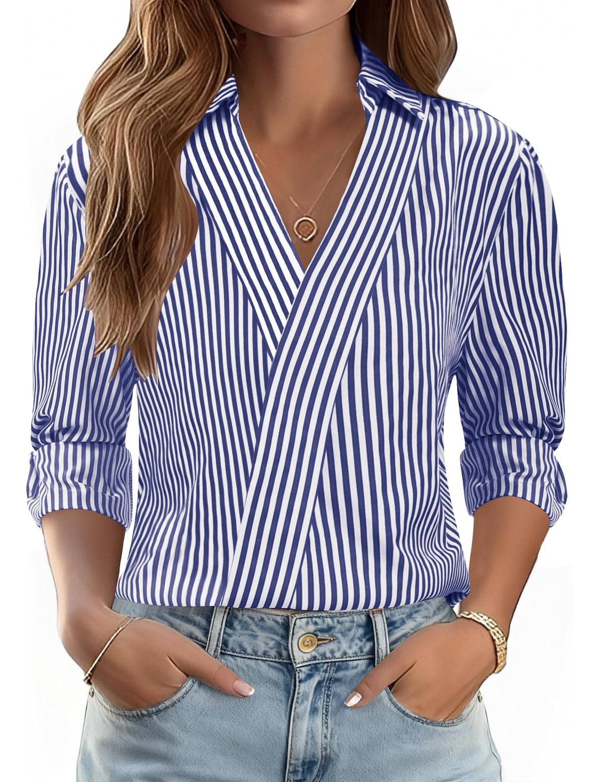 LOMON 3/4 Length Sleeve Womens Tops Dressy V Neck Collared Dress Shirts