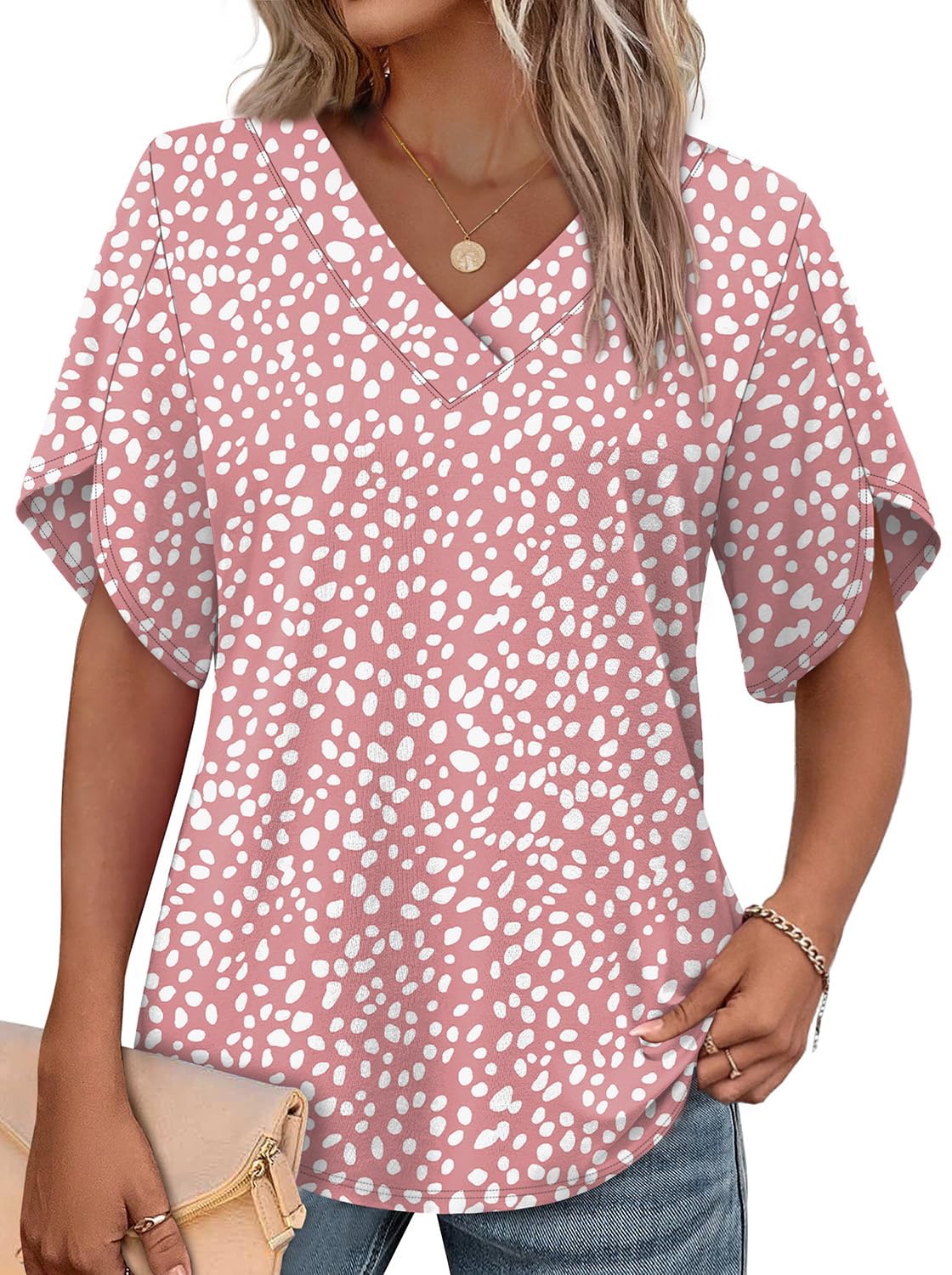 WIHOLL Women's V-Neck Petal Sleeve Summer Blouse Top
