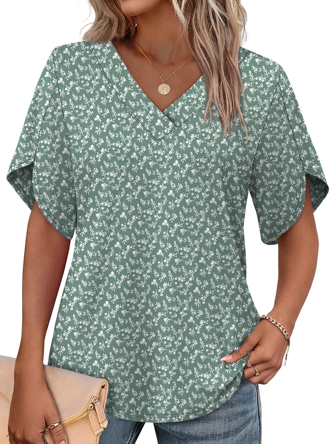 WIHOLL Women's V-Neck Petal Sleeve Summer Blouse Top