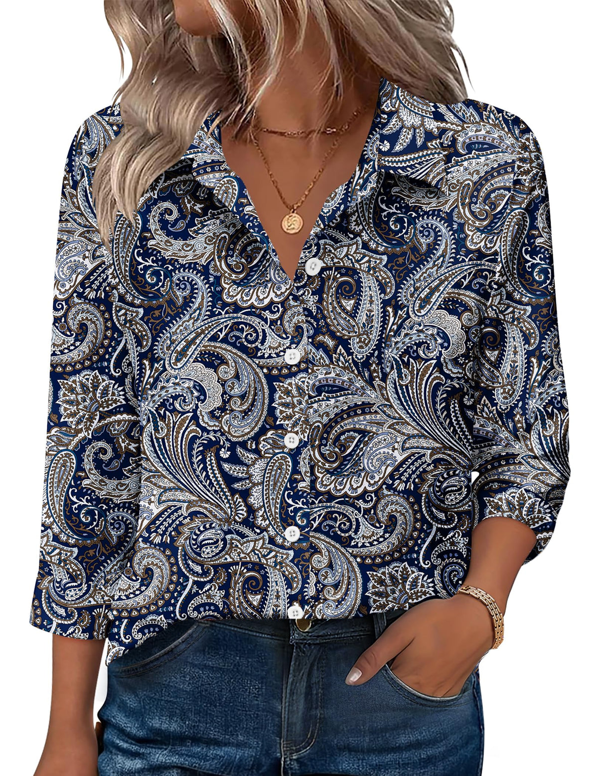 Zeagoo Women's V-Neck 3/4 Sleeve Button-Down Blouse
