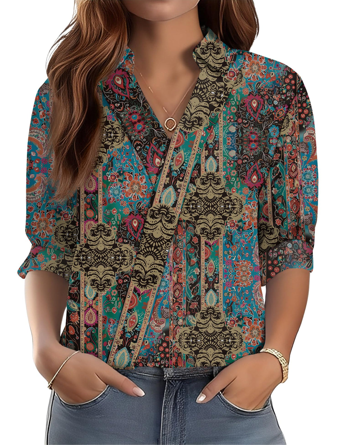 LOMON 3/4 Length Sleeve Womens Tops Dressy V Neck Collared Dress Shirts